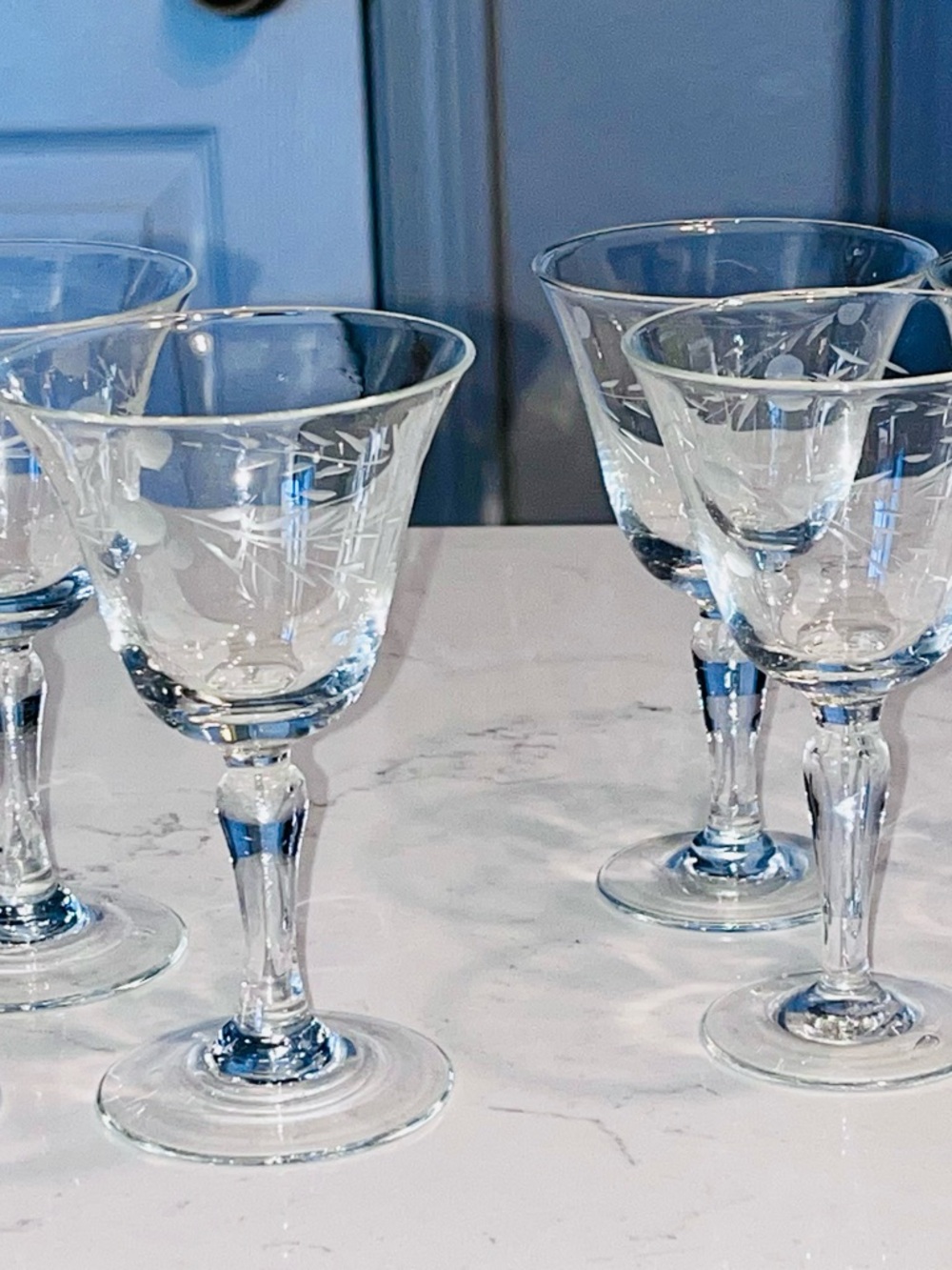 Vintage Willow Moon Etched Liquor Cocktail Glasses Stemware by Pioneer Set of 6
